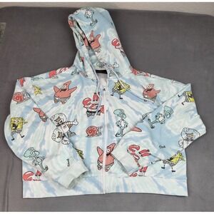 Nickelodeon‎ Cropped Hoodie Womens XL Blue AOP Drawstring Full Zip Baggy